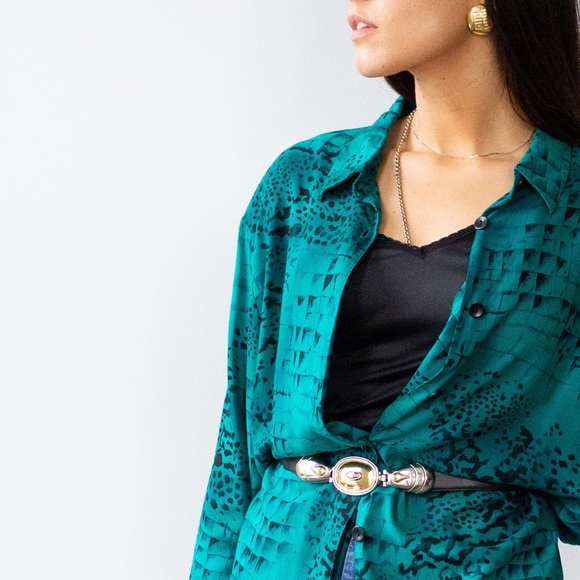 Vintage Teal Cheetah Print Blouse L - Picture 6 of 7